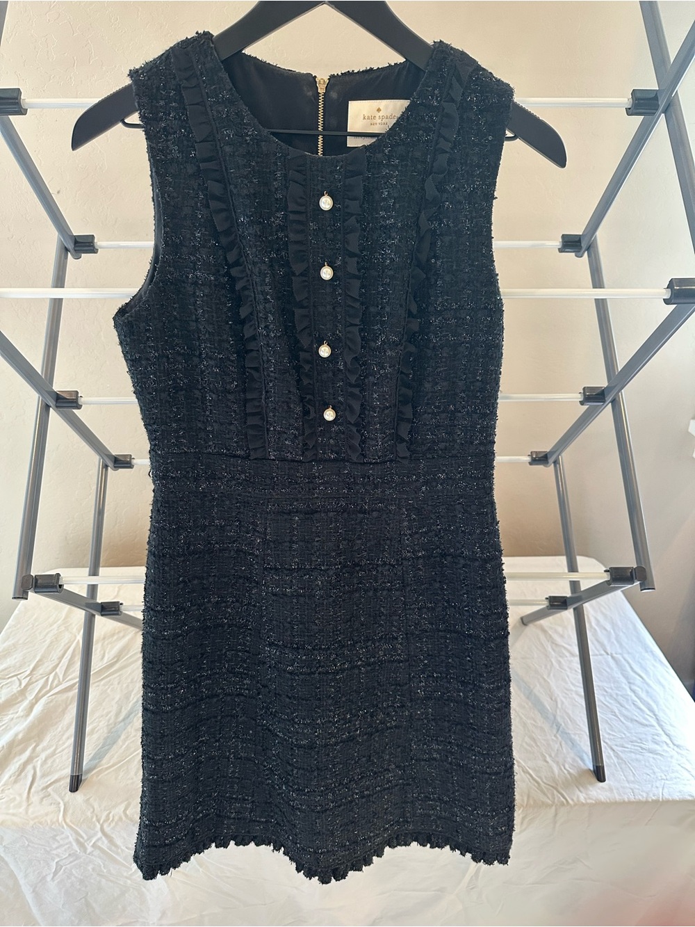 kate spade Black Sleeveless Tweed Pearl-Button Mini Dress